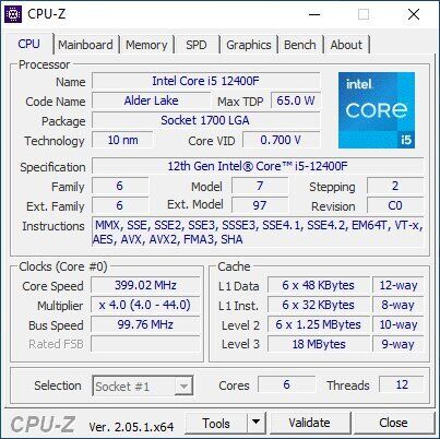 CPU-Z - Intel Core i5-12400F